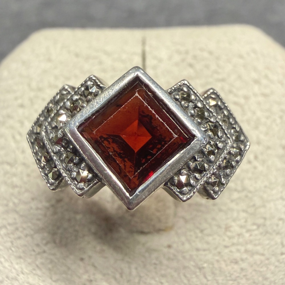 Ring Sterling Silver Red Glass Marcasite Art Deco Style Size 6.5